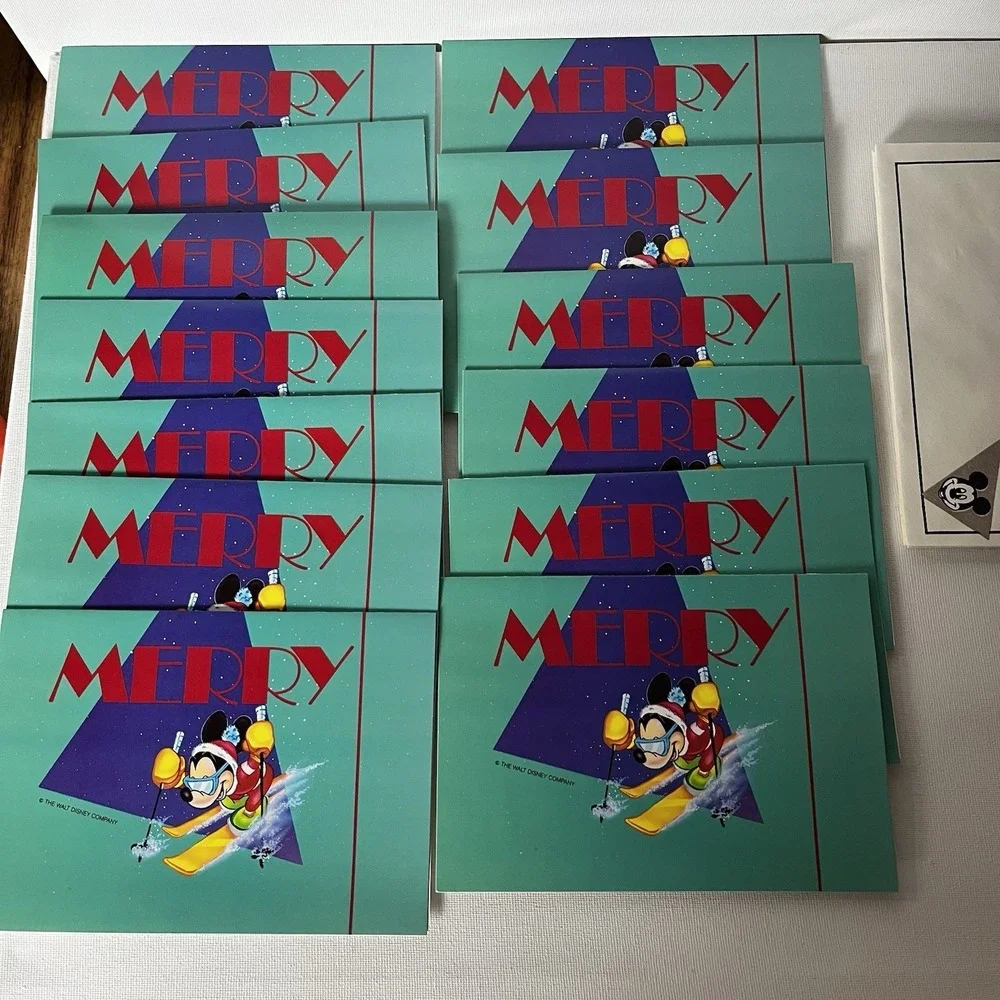 Rare Vintage Mickey Mouse Skiing "Merry" Christmas Cards NOS - Set of 13 - Picture 4 of 11
